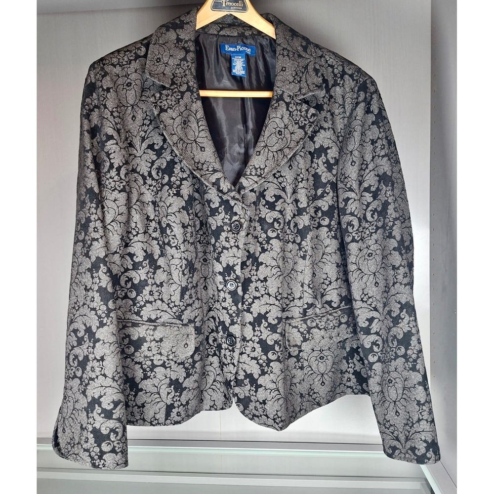 Evan-Picone Woman Blazer 22W Black Silver Damask‎ Floral Jacquard Jacket Lined